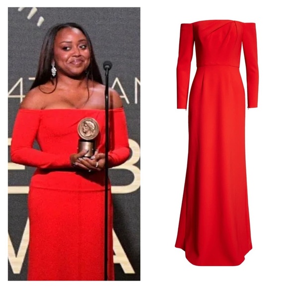 CAROLINA HERRERA dress red size 0 gown off shoulder drape long sleeve formal NWT - Picture 1 of 16
